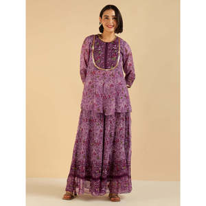 Conjunto de Chiffon Bohemio Chic con Estampado Floral de Lavanda y Borde, Top Peplum y Sharara Fusion, Transpirable, para Mujer, Primavera/Verano, Tres Piezas - Product Image 6