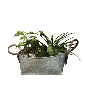 Jardinière en métal de style industriel vintage, nervurée, argentée, en zinc, résistante aux intempéries, ronde, pour plantes succulentes, avec poignées en jute - Product Image 2