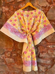 Vestido de caftán de playa de verano para dama de honor, hermoso bloque Floral impreso hecho a mano, caftán de algodón 100% con cuello en V, cintura Natural - Product Image 6