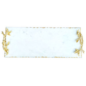 Plateau de service élégant et luxueux en marbre blanc avec poignées en métal doré et branche, fabriqué à la main pour mariage et décoration intérieure. - Product Image 4