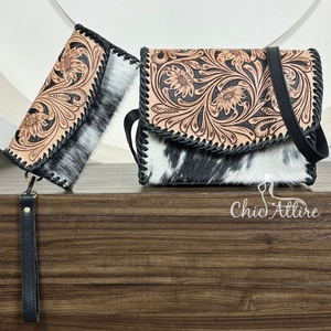 Sac à bandoulière en cuir et cuir de vachette pour femmes avec portefeuille assorti Ensemble de sacs à main deux pièces en cuir véritable de style occidental - Product Image 1