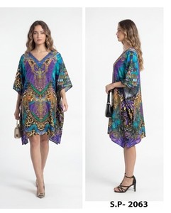 Digital Printed Feather Polysilk <b>Kaftan</b>-<b>Summer</b> Casual Women's Maxi Short Sleeve - Product Image 4