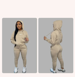Conjunto Deportivo de Invierno para Mujer, Talla Grande, Color Sólido, 100% Algodón, Sudadera con Capucha y Pantalones Jogger de Dos Piezas - Product Image 4