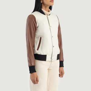 Precio de fábrica Savant White & Brown Chaqueta universitaria híbrida para mujer Chaqueta de béisbol para mujer Chaqueta corta de lana con letras para mujer - Product Image 2