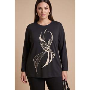 Blusa de punto con detalle de estampado especial, talla grande, color negro - Product Image 1
