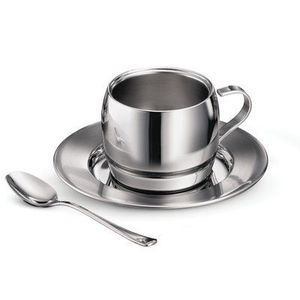 Handmade Stainless Steel Coffee Cup and Saucer Shiny Polished Thickened Double-layer Heat-proof <b>Teacup</b> Household Office - Product Image 3