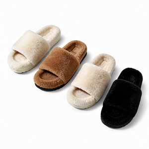 Sandalias planas de peluche con punta abierta para mujer, suaves, de piel sintética, fáciles de poner. - Product Image 1