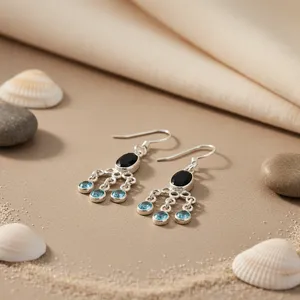 Boucles d'oreilles pendantes en argent 925 avec zircon bleu et onyx noir serti clos, design goutte d'eau, pour femme, style bohème, usage quotidien - Product Image 1
