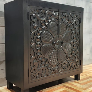 Mueble de Almacenamiento de Madera Maciza con Puerta Tallada con Flores Negras, Estilo Rústico y Elegante para Sala de Estar, Gran Venta - Product Image 1