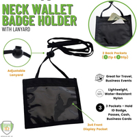 Dompet Leher Nylon dengan Tali Lanyard, Tempat Kartu Identitas & Kartu Perjalanan 4 x 3 dengan Kantong dan Jendela Plastik Transparan Horizontal