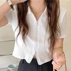 Top <b>Women</b> Clothing Polo Collar T-<b>shirt</b> Summer Zipper Slim Half Sleeved Breathable Top High Waisted Short Blouse - Product Image 4