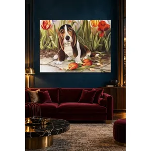 Chiot de Basset Hound de Fida avec une fleur dans la bouche dans un jardin de tulipes, impression sur toile - Product Image 2