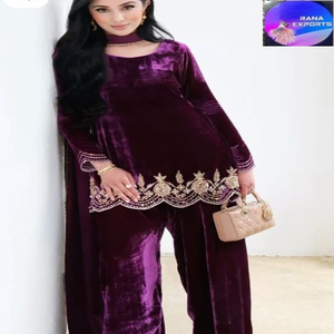 ชุดเดรสกำมะหยี่สีน้ำตาลเข้มพร้อมกางเกงปักลายและทองชุดเดรสแบบดั้งเดิมของผู้หญิง - Product Image 1