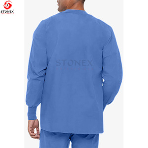 <b>Men's</b> Round Neck Rib Knit Trim Snap Front <b>Long</b> Sleeve Scrub <b>Jacket</b> Breathable Hot Sale Scrub <b>Jackets</b> - Product Image 3