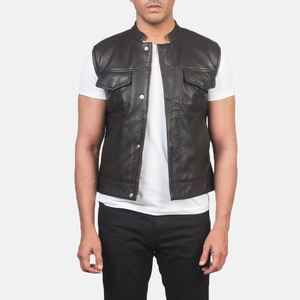 Premium Quality <b>Mens</b> Classic Leather Motorcycle <b>Vest</b> with Front Pockets Breathable Winter Style Wholesale <b>Black</b> Biker Waistcoat - Product Image 1