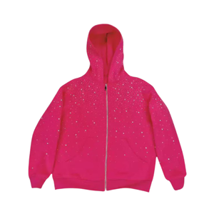 Sweat à capuche zippé rose vif avec strass, cristal scintillant, streetwear surdimensionné, coton lourd, mode personnalisée, veste décontractée d'automne - Product Image 1