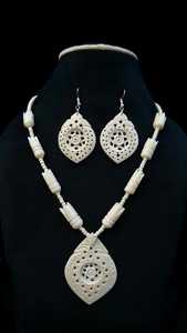 Handmade Shell Bone Coral <b>Beads</b> Jewelry <b>Set</b>-Carved Bone <b>Bead</b> Necklace and Earrings - Product Image 3