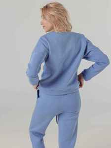 Ensemble sweat-shirt col rond et pantalon de survêtement à revers assorti pour femme, bleu poussière, épais, deux pièces, streetwear décontracté, OEM ODM - Product Image 3