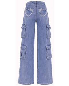 Pantalon cargo en jean à taille haute et jambes larges pour femmes, personnalisé par le fabricant, bleu, avec patch en forme de cœur, multi-poches, streetwear, jeans tendance - Product Image 2
