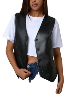 Chaleco de Cuero PU Negro Holgado Informal Vintage para Mujer, Estilo Minimalista Otoño Invierno para Uso Diario, Chaqueta sin Mangas con Cuello en V - Product Image 4