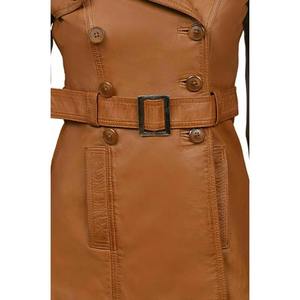 Femmes en peau d'agneau 100% cuir Long Trench Coat Double boutonnage Tan ceinture pardessus veste mode femme en cuir Trench Coat - Product Image 5