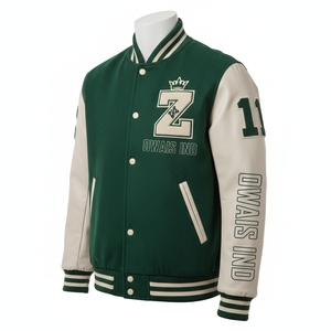 Veste universitaire en laine grise pour homme avec manches en cuir marron, logo brodé A 18 sur le devant, style preppy, vêtement d'automne - Product Image 5