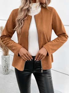 Chaqueta Bomber de cuero elegante Vintage para mujer, cremallera frontal roja con cuello de solapa, manga larga, traje de punto de piel de oveja a la moda - Product Image 6