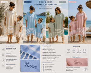 Ponchos à capuche assortis mère et enfant en peshtemal, 100% coton, serviette turque, robe de plage, fabricant direct à Denizli, Turquie, OEM - Product Image 3