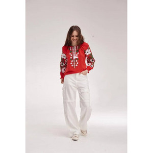 Blusa bordada de satén para mujer al por mayor con mangas acampanadas borlas cuello redondo color rojo ropa de fiesta 100% algodón verano - Product Image 2