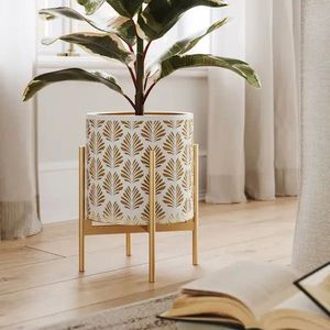 Luxury Textured Gold Metal Planter with Stand Modern Floor Flower <b>Pot</b> Premium Tabletop Desktop Plant <b>Holder</b> for Garden Patio - Product Image 2