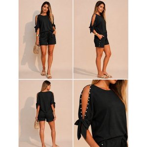 Ensemble deux pièces en viscose pour femme, t-shirt à manches courtes, col rond, semi-épaules dénudées, détail perles, short, 36523 - Noir - Product Image 4