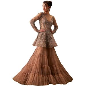 Set marrone Sharara Kurta ricamato a mano con paillettes e Dupatta per festa di matrimonio festiva festa di ricevimento - Product Image 3