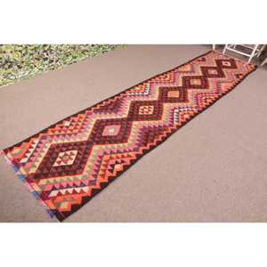 Turkish Vintage Rug 2.8x11.9 ft, Kilim <b>Red</b> Check <b>Wool</b> Rug - Product Image 2