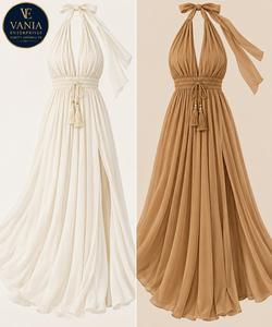 Robe longue d'été élégante pour femme 2026 en lin et laine 100% à imprimé léopard, col montant, boutonnée sur le devant, sans manches, pour les vacances et la plage - Product Image 1
