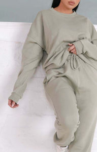 100% algodón Sage 2 piezas de cuello redondo Mujer sudadera y puños Jogger conjunto transpirable Sudadera con capucha y pantalones de chándal conjunto de chándal de mujer - Product Image 6