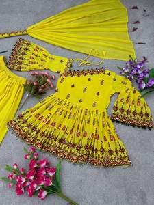 Dernière broderie lourde indienne Faux Georgette Palazzo Set Real Mirror Work Kediya Bottom Dupatta Party Wear Slim Fit Knee-Length - Product Image 2