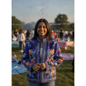Veste réversible en coton brodée Suzani 'The Twilight Meadow' Violet Coral Bloom avec logo personnalisé, taille XL, pour l'automne et le printemps - Product Image 6