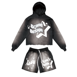 Unisex Casual Heavyweight Zip-Up Cropped Hoodie Jogger Shorts Set Summer Sports Style with Custom Logo Patches for Women Men - Product Image 5
