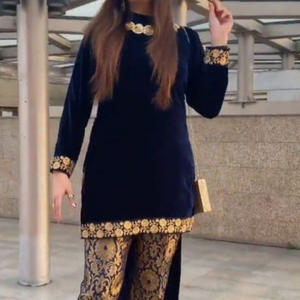 Beautiful Design 2024 Party-Wear Kurta Pant Zari Embroidery Brocade Lace Button Decor Short-Long Natural Waist Weddings Parties - Product Image 1