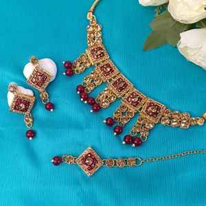 Indian Jewelry Set Enamel Crystal <b>Pearl</b> Drop Choker Necklace Dangle Drop <b>Earrings</b> Jewellery Set For Women, Maroon - Product Image 2