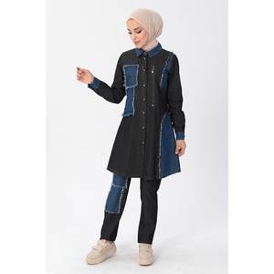 Ensemble décontracté noir MSW10074-1 en denim 2 pièces avec hauts longs mi-mollet à col rond et manches longues avec fermeture éclair - Product Image 3