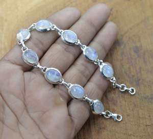 <b>Rainbow</b> Moonstone 925 Sterling Silver Adjustable Bracelet Natural White Moonstone Oval Shape Handmade Jewelry Gift - Product Image 5