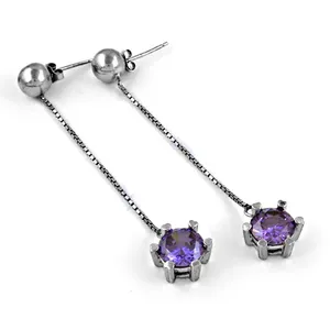Boucles d'oreilles pendantes en argent 925 pour femme avec pierre naturelle violette ronde taille brillant sertie griffe, bijou romantique et tendance, cadeau idéal - Product Image 3