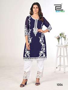 Nouveau Maruti Fashion Designer Fancy Indian & Pakistanais Crape Kurti Set pour mariage Wear avec embellissements - Product Image 6