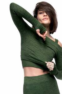 Pantalon taille haute à épaules tombantes manches longues couleur unie grande taille Ensemble de yoga vert bouteille Vêtements de sport Tendance Loisirs Fitness - Product Image 3