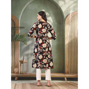 Kurta Recta de Algodón Puro para Mujer, Cuello Redondo, Largo hasta la Pantorrilla, Estampado Negro, Estilo Modesto - Product Image 3