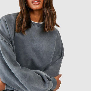 Nouveau sweat-shirt en coton délavé à l'acide de couleur unie avec logo personnalisé d'usine, au prix de gros, sweat-shirt à col rond délavé à l'acide pour femmes le plus vendu - Product Image 2