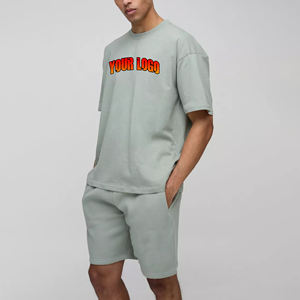 Conjunto de camisa y pantalones cortos de cuello redondo con logotipo serigrafiado personalizado y ligero 100% algodón French Terry Twin Set - Product Image 1