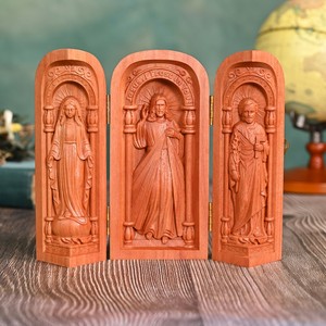 <span class=keywords><strong>Triptyque</strong></span> catholique sanctuaire en <span class=keywords><strong>bois</strong></span>, autel pliant sculpté à la main avec des figurines de Jésus, Marie et Saint - Product Image 3