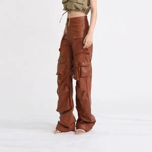 2023 Autumn New Women's Cargo Pants Casual <b>Loose</b> <b>Fitting</b> with Multi-Pocket PU Leather Canvas <b>Trousers</b> for Streetwear - Product Image 3
